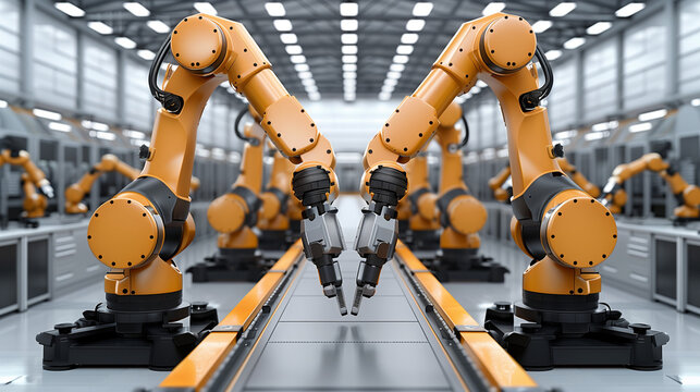 automation robot arms machines in intelligent factory industries, and Robots in manufacturing. welding robotics automatic arms machine in intelligent factory Artificial intelligence