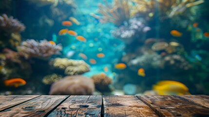 Wall Mural - Wooden table top with copy space. Aquarium background