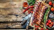 Grilled ribs on cutting board. Dive into a plate of lip-smacking grilled ribs, a taste of barbecue heaven on your palate. Photo with copy space.