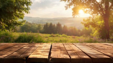 Wooden table top with copy space. Countryside background