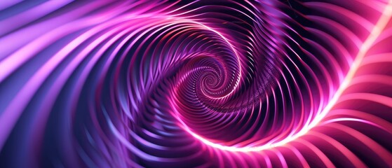 Graphic design art of abstract illusion of spiral with geometric shapes of pink and violet neon lines against purple background