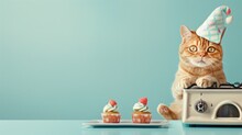 A Ginger Cat Bakes Cupcakes, Peeking Over A Vintage Toaster