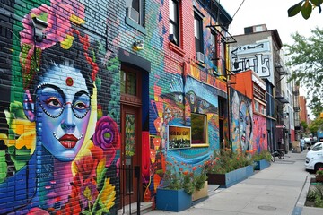 Poster - A colorful mural adorning the side of a building, showcasing diverse art styles and vibrant hues. Generative AI