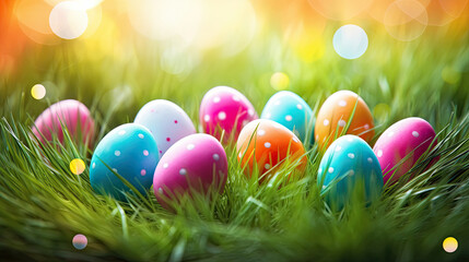  Easter Eggs on Green Grass Field. Blur Bokeh Morning Sunlight Background. Happy Easter Sunday Banner
