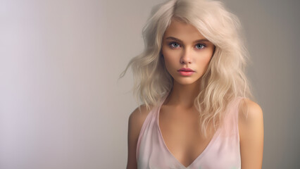 Wall Mural - Simple studio portrait of a platinum blond model wearing a light pink top.. Copy space.