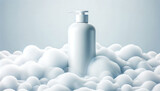 Fototapeta Mapy - Minimalist White Shampoo Bottle Mock up Half-Submerged in Foam