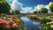 generate an 4k ultra HD anime style image of a beautiful flower garden situated at a bank of river ,far camera perspective ,highly detailed cloud visible ,high contrast image,spring in the city