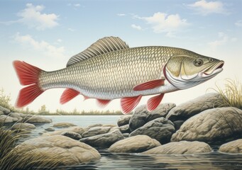 Wall Mural - Fish out of water beside the river and rocks 