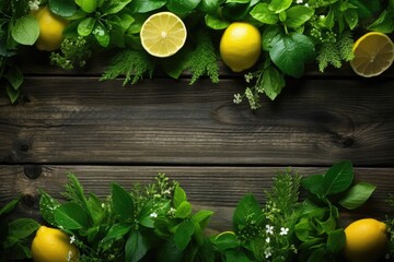 Wall Mural - Fresh herbs and lemons on rustic wooden background, top view