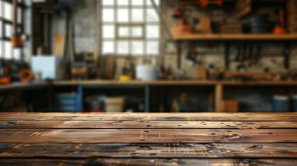 Wooden table top with copy space. Workshop background