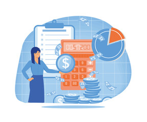 Poster - calculation, bookkeeping investment money concept, woman with calculator counting, thinking about pr