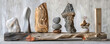 Artistic minimalism Galapagos wildlife stones wood kitchen tools and mechanics heritage crafted into sculptures