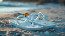 Beautiful Clean White Flip-flops Found On The Beach. Seamless Looping Time-lapse Virtual 4k Video Animation Background.