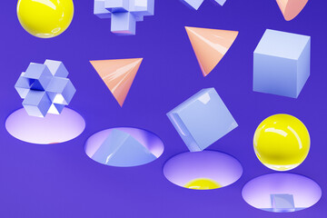 Poster - 3D illustration of multi-colored volumetric geometric shapes falling into a portal on a  blue  background