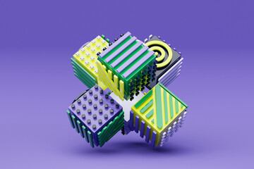Poster - 3D illustration Abstract shape with different geometric patterns on each side on a   blue  background, 3D illustration.