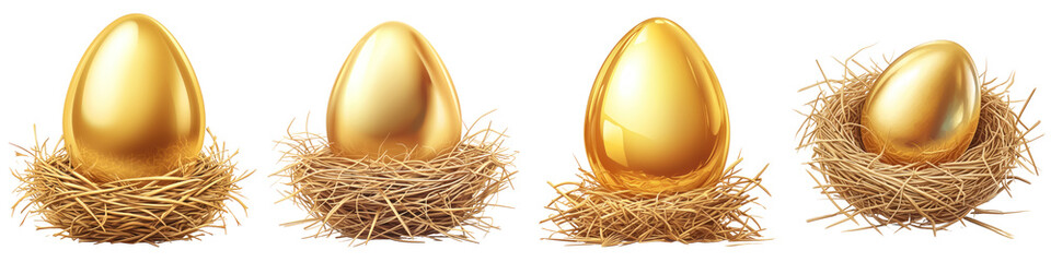 Gold egg in nest png, easter egg. anime style, cute clipart, isolated on white background or transparent background