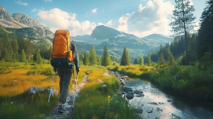 Wall Mural - Hiking Trails, Picturesque trails winding through forests, mountains, and national parks, capturing hikers trekking amidst breathtaking scenery, diverse ecosystems, and natural wonders