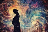 Fototapeta  - An artistic interpretation of a pregnant woman's silhouette against a backdrop of swirling galaxies and stars, her hands cradling her belly in a gesture of cosmic connection
