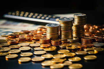 A pile of coins and a graph of a stock market. The coins are stacked on each other and the graph is red and black.