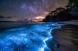 A breathtaking scene where the night sky, filled with stars, meets a shoreline aglow with bioluminescence, as gentle waves shimmer in the darkness. Generative AI