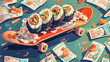 A dynamic illustration of sushi rolls on a skateboard