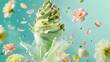 A playful composition of a pistachio ice cream sundae with flower petals playfully tossed in the air around it