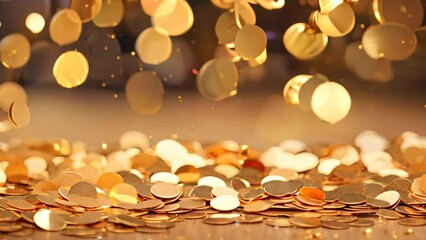 Poster - Golden confetti on bokeh background. Festive decoration, golden confetti on bokeh background. Festive decoration, AI Generated