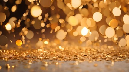 Poster - Golden confetti on bokeh background. Christmas and New Year concept, golden confetti on bokeh background. Festive decoration, AI Generated