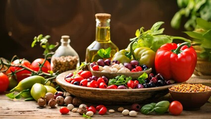 Poster - Healthy food background with fresh vegetables, olive oil and spices, Healthy food for balanced flexitarian Mediterranean diet concept, AI Generated