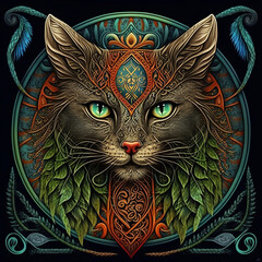 Wall Mural - Cat illustration in symmetry celtic art. Element design. Celtic art of east totem and west style in psychedelic. Fit for apparel, cover, poster, banner, background.