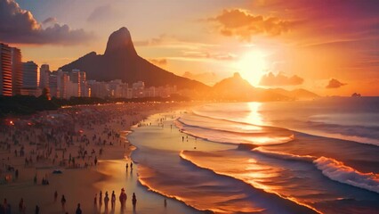 Wall Mural - Rio de Janeiro, Brazil. View of the Rio de Janeiro beach at sunset, Ipanema beach in Rio de Janeiro on a gorgeous sunset, AI Generated