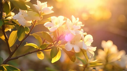 Wall Mural - White rhododendron flowers in the rays of the setting sun, jasmine bush in warm sunset light, AI Generated