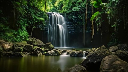 Wall Mural - Tropical waterfall in the rainforest, long exposure photo, Long exposure of a waterfall in the jungle, Khao Yai National Park, Thailand, AI Generated