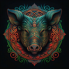 Wall Mural - Pig illustration in symmetry celtic art. Element design. Celtic art of east totem and west style in psychedelic. Fit for apparel, cover, poster, banner, background.