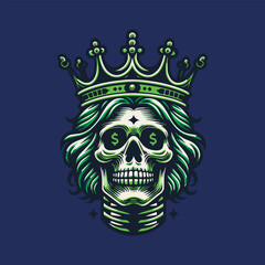 Wall Mural - skeleton head wearing crown king t-shirt graphic design vector illustration