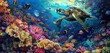 A breathtaking underwater scene with a majestic turtle gliding gracefully amidst a vibrant group of colorful fish and sea creatures.