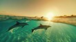 Golden Sunset with Playful Dolphins in Turquoise Waters