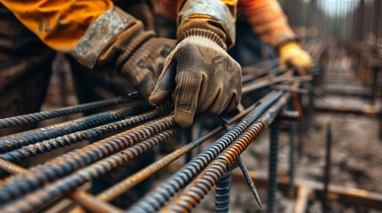 Closeup of construction workers hands tying rebar