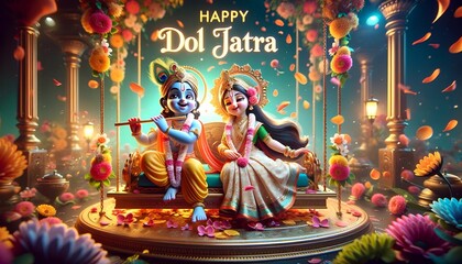 Sticker - Happy dol jatra card 3d Illustration with krishna and radha characters.