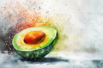 Wall Mural - Watercolor painting of ripe avocado with color splashes. 8k