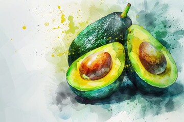 Wall Mural - Watercolor painting of ripe avocado with color splashes. 8k