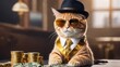 Cool rich gangster boss cat hipster with sunglasses, hat, headphones, gold chain and money dollars. Business, finance, creative idea. Crypto investor cat is holding a lot of money. Winning, concept	