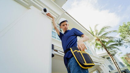 Wall Mural - A technician installs a CCTV camera on the facade of a residential building.