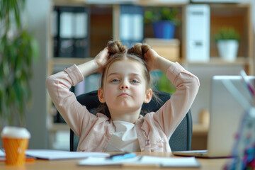 Business kid girl sitting at office desk, taking break from work and stretching stiff, tense muscles