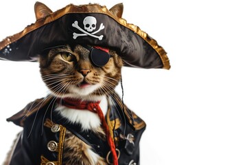 Wall Mural - Funny animal costume of a cat pirate captain wearing a tricorn hat and eyepatch with skulls and crossbones, isolated on a white background 8k