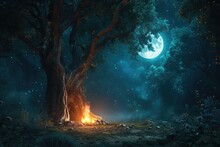 Enchanted Forest Scene With A Magical Bonfire Glowing Softly Under The Moonlight, Surrounded By Ancient Trees. 