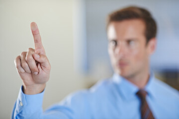 Poster - Finger, pointing and digital interface software, working and information technology for job. Male person, planning and brainstorming with internet for corporate company as employee in startup