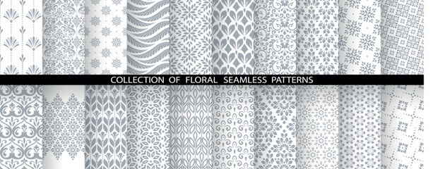 Geometric floral set of seamless patterns. White and gray vector backgrounds. Damask graphic ornaments