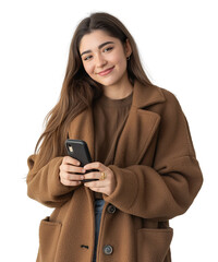 A young woman wearing casual brown clothes holds a mobile phone and smiles at the camera on a transparent background