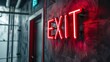 Modern red neon sign spelling the word EXIT on dark grey wall